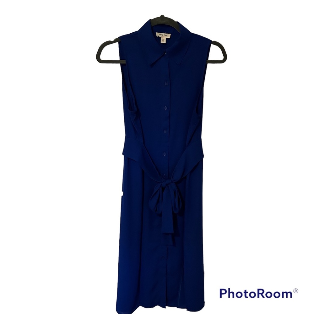 Sandy and Sid Cobalt Blue Sleeveless Dress Woman’s SZ S Slits on Sides Wrap Sash